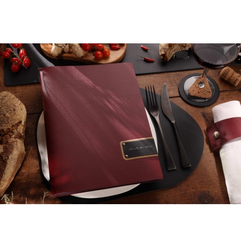 Porta Menu A4 (23,2x31,8 cm) etichetta PATCH "menu" 2 buste (4 facciate) elastico nero CHEF BORDEAUX
