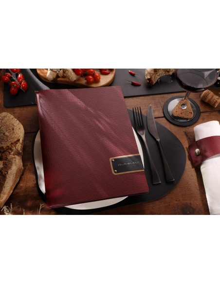 Porta Menu A4 (23,2x31,8 cm) etichetta PATCH "menu" 2 buste (4 facciate) elastico nero CHEF BORDEAUX