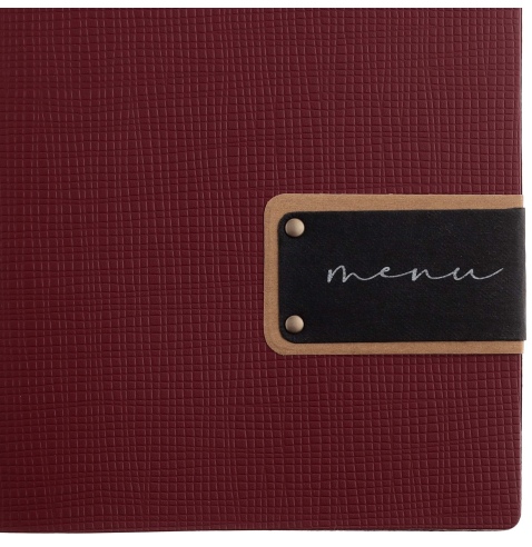 Porta Menu A5 (16,5x23,1 cm) etichetta PATCH "menu" 2 buste (4 facciate) elastico nero CHEF BORDEAUX