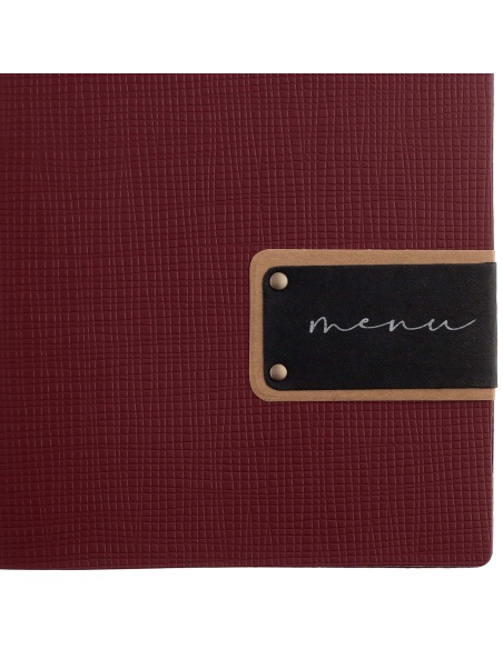 Porta Menu A5 (16,5x23,1 cm) etichetta PATCH "menu" 2 buste (4 facciate) elastico nero CHEF BORDEAUX