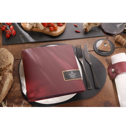 Porta Menu QUADRATO (23x23,1 cm) etichetta PATCH "menu" 2 buste (4 facciate) elastico nero CHEF BORDEAUX