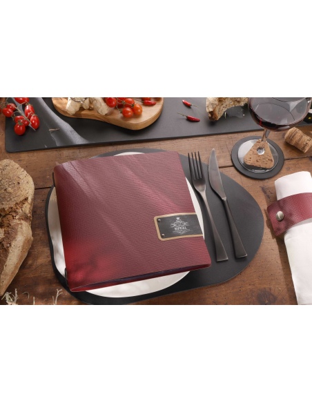Porta Menu QUADRATO (23x23,1 cm) etichetta PATCH "menu" 2 buste (4 facciate) elastico nero CHEF BORDEAUX