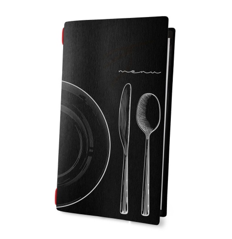 Porta Menu CUSTOM A4 SLIM (17,4x31,8 cm) "SET BLACK menu" 2 buste (4 facciate) elastico rosso ECO NERO sp. 0.6