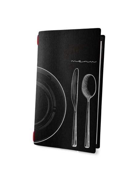 Porta Menu CUSTOM A4 SLIM (17,4x31,8 cm) "SET BLACK menu" 2 buste (4 facciate) elastico rosso ECO NERO sp. 0.6