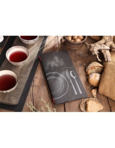 Porta Menu CUSTOM A4 SLIM (17,4x31,8 cm) "SET BLACK menu" 2 buste (4 facciate) elastico rosso ECO NERO sp. 0.6 2