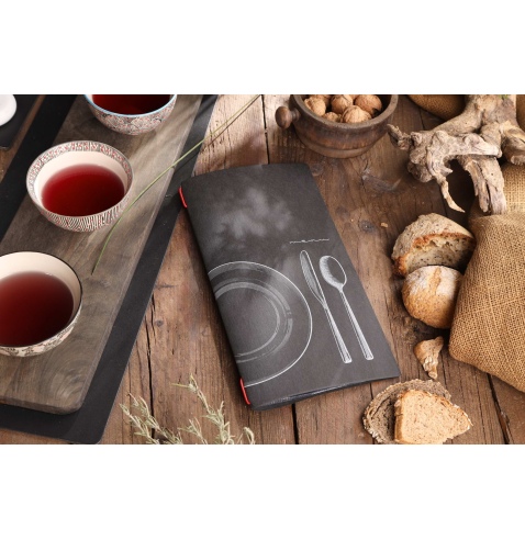 Porta Menu CUSTOM A4 SLIM (17,4x31,8 cm) "SET BLACK menu" 2 buste (4 facciate) elastico rosso ECO NERO sp. 0.6