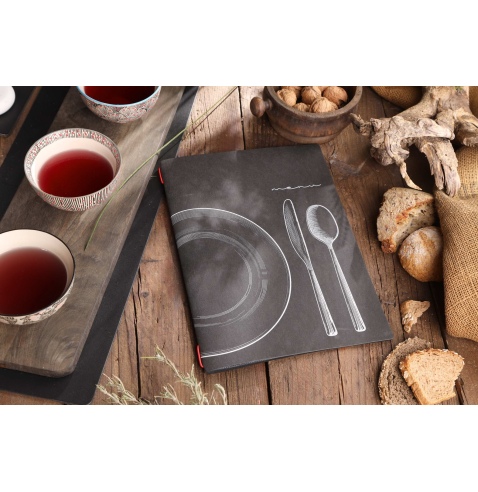 Porta Menu CUSTOM A4 (23,2x31,8 cm) "SET BLACK menu" 2 buste (4 facciate) elastico rosso ECO NERO sp. 0.6