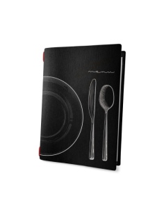 Porta Menu CUSTOM A5 (16,5x23,1 cm) "SET BLACK menu" 2 buste (4 facciate) elastico rosso ECO NERO sp. 0.6
