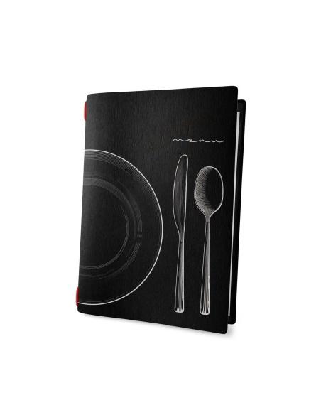 Porta Menu CUSTOM A5 (16,5x23,1 cm) "SET BLACK menu" 2 buste (4 facciate) elastico rosso ECO NERO sp. 0.6