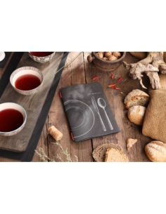Porta Menu CUSTOM A5 (16,5x23,1 cm) "SET BLACK menu" 2 buste (4 facciate) elastico rosso ECO NERO sp. 0.6 2