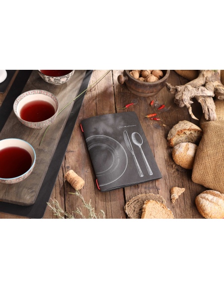 Porta Menu CUSTOM A5 (16,5x23,1 cm) "SET BLACK menu" 2 buste (4 facciate) elastico rosso ECO NERO sp. 0.6