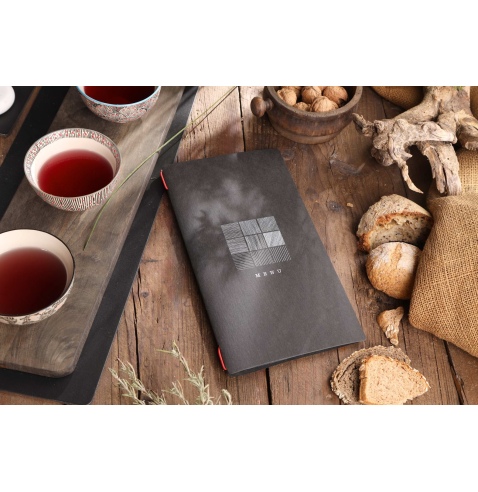 Porta Menu CUSTOM A4 SLIM (17,4x31,8 cm) "SIGN BLACK menu" 2 buste (4 facciate) elastico rosso ECO NERO sp. 0.6