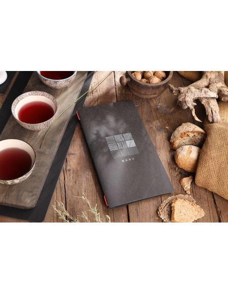 Porta Menu CUSTOM A4 SLIM (17,4x31,8 cm) "SIGN BLACK menu" 2 buste (4 facciate) elastico rosso ECO NERO sp. 0.6
