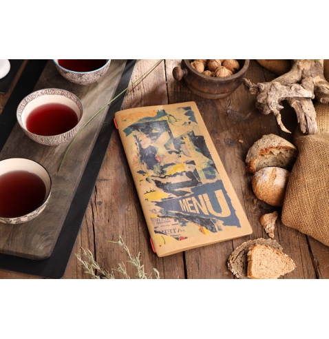 Porta Menu CUSTOM A4 SLIM (17,4x31,8 cm) "STREET ART menu" 2 buste (4 facciate) elastico rosso ECO NATURALE sp. 0.6