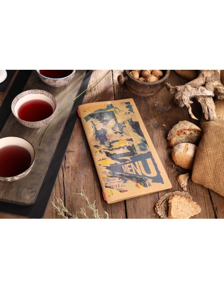 Porta Menu CUSTOM A4 SLIM (17,4x31,8 cm) "STREET ART menu" 2 buste (4 facciate) elastico rosso ECO NATURALE sp. 0.6