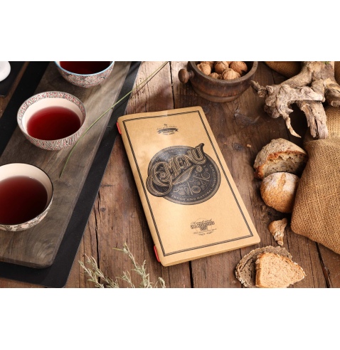 Porta Menu CUSTOM A4 SLIM (17,4x31,8 cm) "TATTOO NATURAL menu" 2 buste (4 facciate) elastico rosso ECO NATURALE sp. 0.6