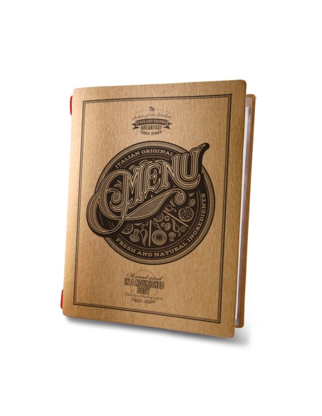 Porta Menu CUSTOM A5 (16,5x23,1 cm) "TATTOO NATURAL menu" 2 buste (4 facciate) elastico rosso ECO NATURALE sp. 0.6