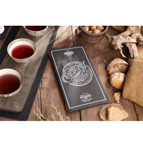 Porta Menu CUSTOM A4 SLIM (17,4x31,8 cm) "TATTOO BLACK menu" 2 buste (4 facciate) elastico rosso ECO NERO sp. 0.6