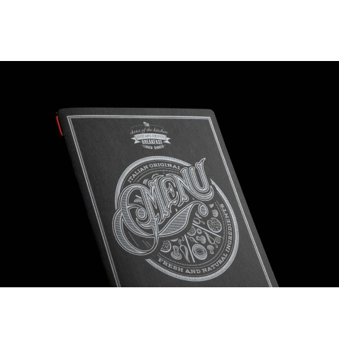 Porta Menu CUSTOM A4 (23,2x31,8 cm) "TATTOO BLACK menu" 2 buste (4 facciate) elastico rosso ECO NERO sp. 0.6