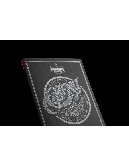 Porta Menu CUSTOM A4 (23,2x31,8 cm) "TATTOO BLACK menu" 2 buste (4 facciate) elastico rosso ECO NERO sp. 0.6