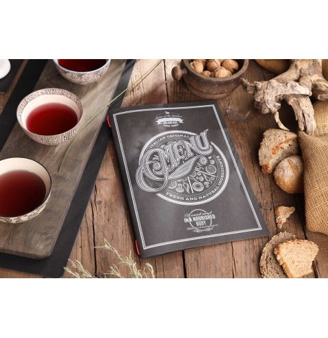 Porta Menu CUSTOM A4 (23,2x31,8 cm) "TATTOO BLACK menu" 2 buste (4 facciate) elastico rosso ECO NERO sp. 0.6