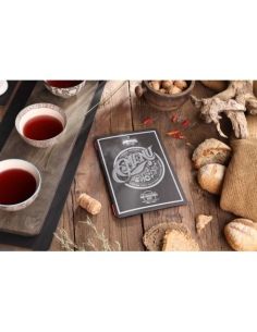 Porta Menu CUSTOM A5 (16,5x23,1 cm) "TATTOO BLACK menu" 2 buste (4 facciate) elastico rosso ECO NERO sp. 0.6 2
