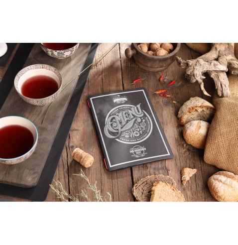 Porta Menu CUSTOM A5 (16,5x23,1 cm) "TATTOO BLACK menu" 2 buste (4 facciate) elastico rosso ECO NERO sp. 0.6