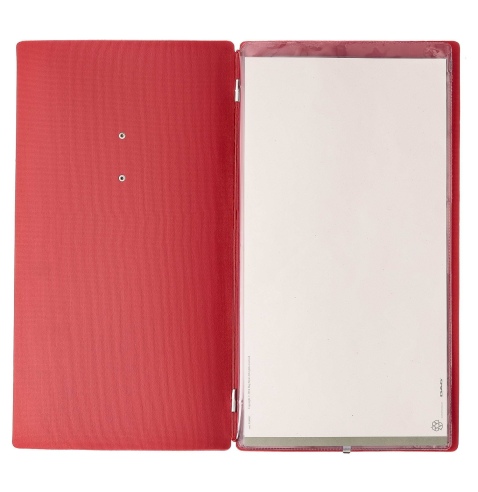 Porta Menu A4 SLIM (17,4x31,8 cm) etichetta METAL "menu" 2 buste (4 facciate) elastico rosso JUTA BICOLOR