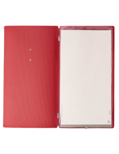 Porta Menu A4 SLIM (17,4x31,8 cm) etichetta METAL "menu" 2 buste (4 facciate) elastico rosso JUTA BICOLOR