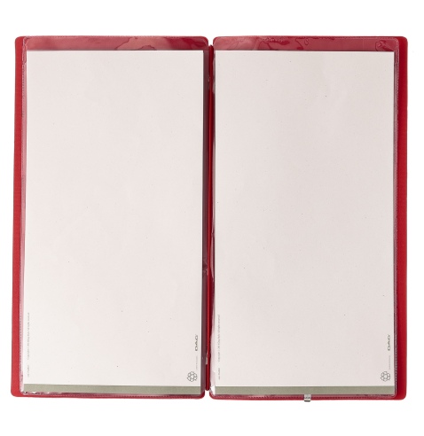 Porta Menu A4 SLIM (17,4x31,8 cm) etichetta METAL "menu" 2 buste (4 facciate) elastico rosso JUTA BICOLOR