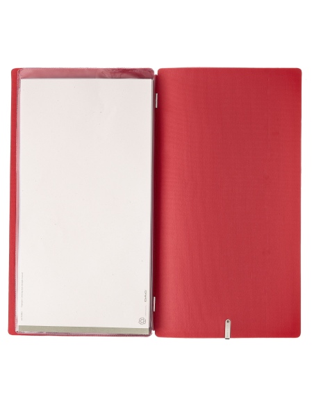 Porta Menu A4 SLIM (17,4x31,8 cm) etichetta METAL "menu" 2 buste (4 facciate) elastico rosso JUTA BICOLOR