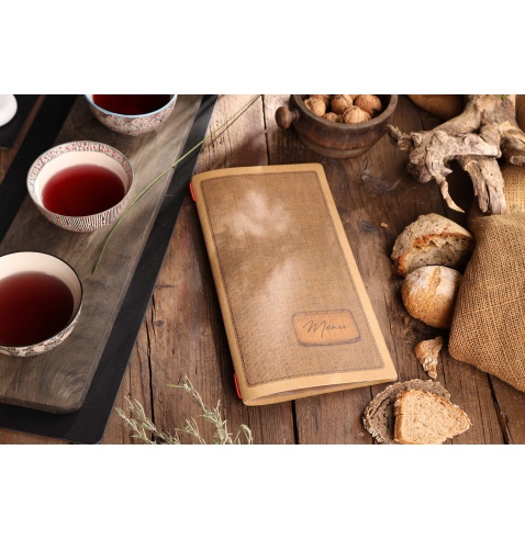 Porta Menu CUSTOM A4 SLIM (17,4x31,8 cm) "COUNTRY menu" 2 buste (4 facciate) elastico rosso ECO NATURALE sp. 0.6
