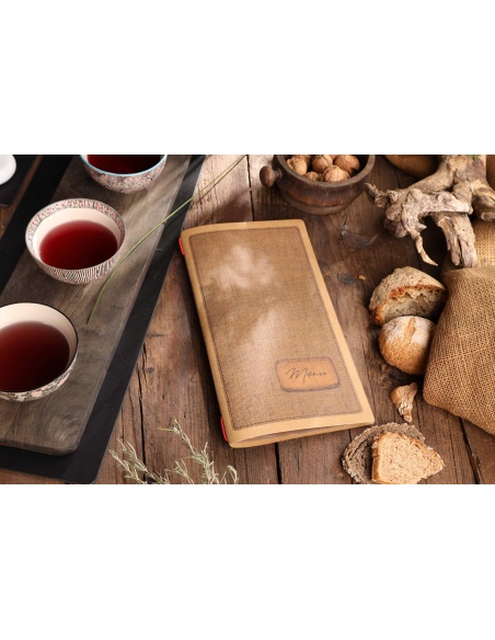 Porta Menu CUSTOM A4 SLIM (17,4x31,8 cm) "COUNTRY menu" 2 buste (4 facciate) elastico rosso ECO NATURALE sp. 0.6