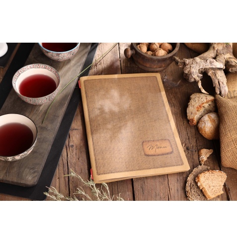 Porta Menu CUSTOM A4 (23,2x31,8 cm) "COUNTRY menu" 2 buste (4 facciate) elastico rosso ECO NATURALE sp. 0.6