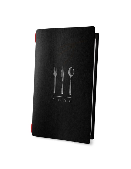 Porta Menu CUSTOM A4 SLIM (17,4x31,8 cm) "DINNER BLACK menu" 2 buste (4 facciate) elastico rosso ECO NERO sp. 0.6
