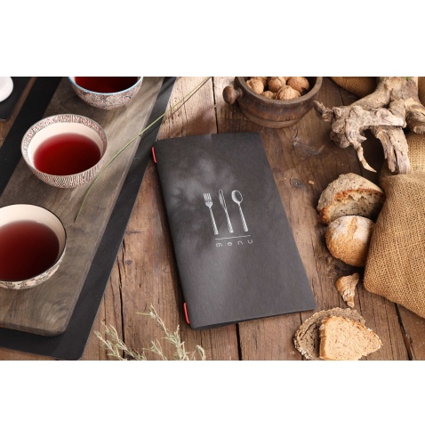 Porta Menu CUSTOM A4 SLIM (17,4x31,8 cm) "DINNER BLACK menu" 2 buste (4 facciate) elastico rosso ECO NERO sp. 0.6