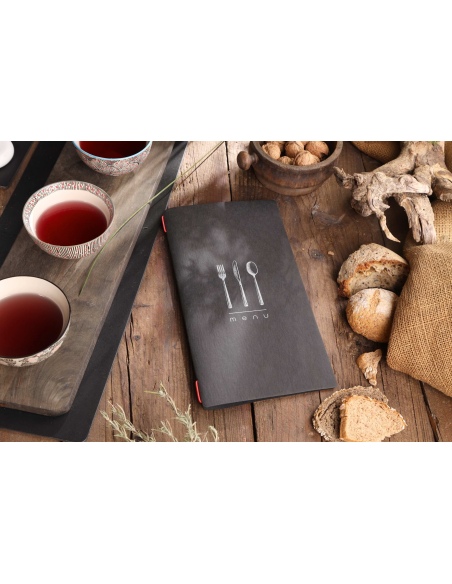 Porta Menu CUSTOM A4 SLIM (17,4x31,8 cm) "DINNER BLACK menu" 2 buste (4 facciate) elastico rosso ECO NERO sp. 0.6