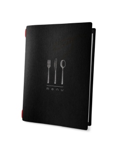 Porta Menu CUSTOM A4 (23,2x31,8 cm) "DINNER BLACK menu" 2 buste (4 facciate) elastico rosso ECO NERO sp. 0.6
