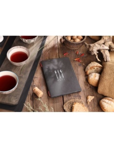 Porta Menu CUSTOM A5 (16,5x23,1 cm) "DINNER BLACK menu" 2 buste (4 facciate) elastico rosso ECO NERO sp. 0.6 2