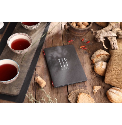 Porta Menu CUSTOM A5 (16,5x23,1 cm) "DINNER BLACK menu" 2 buste (4 facciate) elastico rosso ECO NERO sp. 0.6