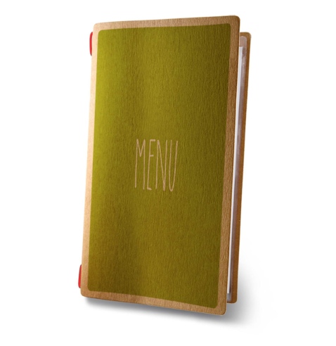 Porta Menu CUSTOM A4 SLIM (17,4x31,8 cm) "ECO DESIGN menu" 2 buste (4 facciate) elastico rosso ECO NATURALE sp. 0.6