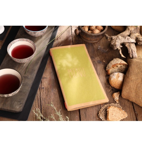 Porta Menu CUSTOM A4 SLIM (17,4x31,8 cm) "ECO DESIGN menu" 2 buste (4 facciate) elastico rosso ECO NATURALE sp. 0.6