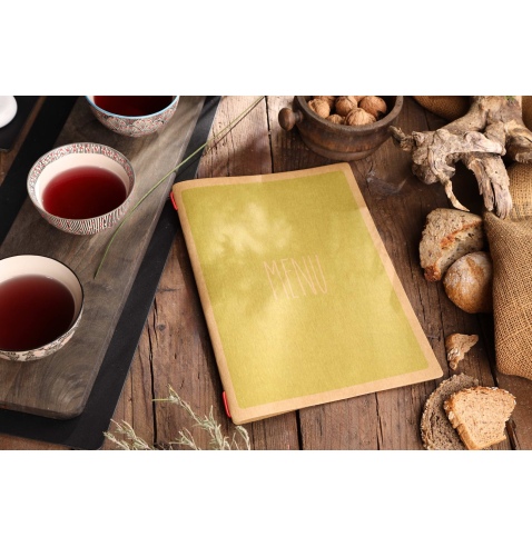 Porta Menu CUSTOM A4 (23,2x31,8 cm) "ECO DESIGN menu" 2 buste (4 facciate) elastico rosso ECO NATURALE sp. 0.6