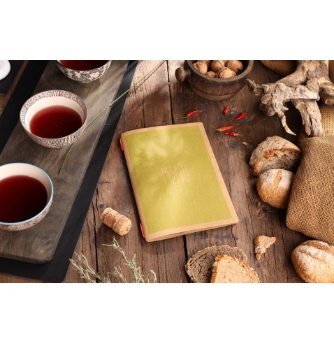 Porta Menu CUSTOM A5 (16,5x23,1 cm) "ECO DESIGN menu" 2 buste (4 facciate) elastico rosso ECO NATURALE sp. 0.6