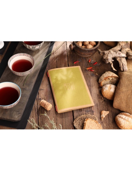 Porta Menu CUSTOM A5 (16,5x23,1 cm) "ECO DESIGN menu" 2 buste (4 facciate) elastico rosso ECO NATURALE sp. 0.6