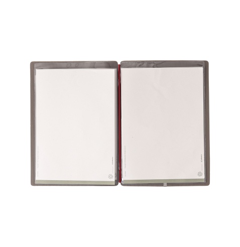 Porta Menu A5 (16,5x23,1 cm) etichetta METAL "menu" 2 buste (4 facciate) elastico rosso JUTA GRIGIO