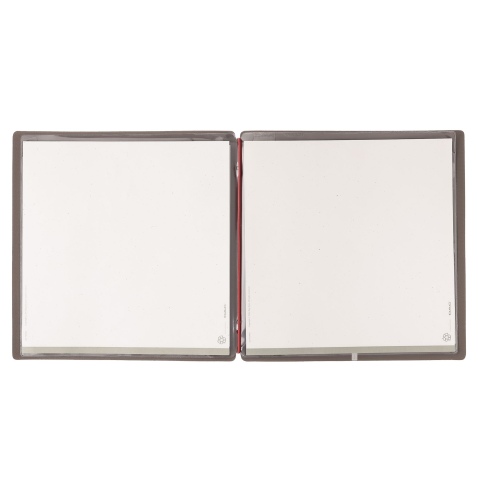 Porta Menu QUADRATO (23x23,1 cm) etichetta METAL "menu" 2 buste (4 facciate) elastico rosso JUTA GRIGIO