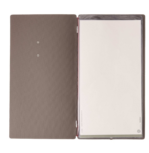 Porta Menu A4 SLIM (17,4x31,8 cm) etichetta METAL "personalizzata" (minimo 18 pezzi) 2 buste (4 facciate) elastico rosso JUTA GR