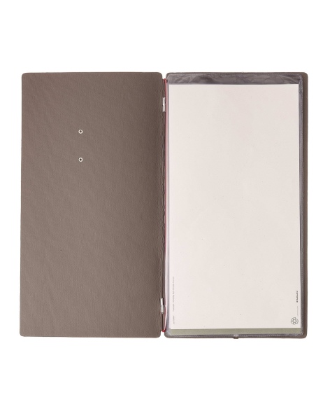Porta Menu A4 SLIM (17,4x31,8 cm) etichetta METAL "personalizzata" (minimo 18 pezzi) 2 buste (4 facciate) elastico rosso JUTA GR