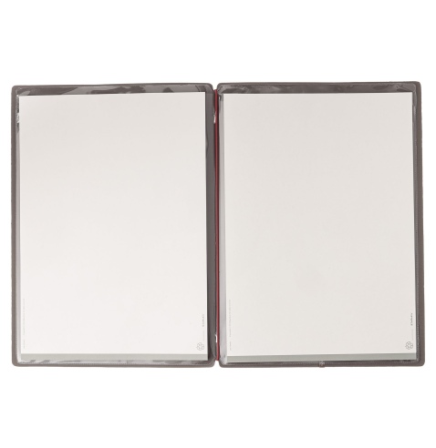 Porta Menu A4 (23,2x31,8 cm) etichetta METAL "personalizzata" (minimo 18 pezzi) 2 buste (4 facciate) elastico rosso JUTA GRIGIO